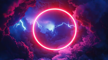 Neon ring with lightning in pink and blue stormy clouds