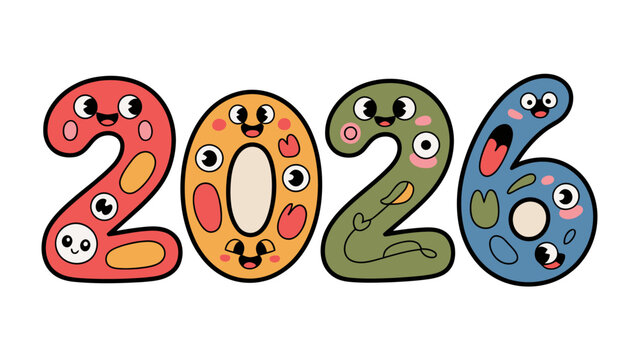 2026: The New Year's Promise: A whimsical illustration of the year 2026, where each digit is brought to life with friendly faces and playful expressions, offering a peek into the upcoming year. 