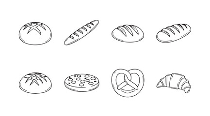 Collection of various baked bread and pastry items in a simple line drawing silhouette style