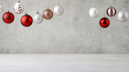 Red and white Christmas ornament hanging arrangement evokes festive calm and cozy holiday mood
