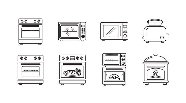 Collection of kitchen appliance silhouettes including ovens microwaves and toaster silhouette