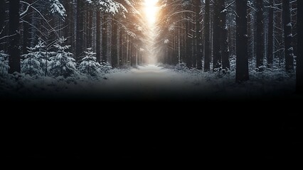 Snowy forest with light at end of pathway