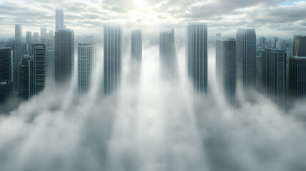 Skyscraper fog morning skyline city cloud highrise mist urban sunlight