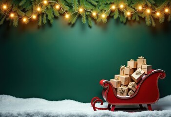 Merry Christmas and Happy New Year green background with Santa's sleigh filled with Christmas gift boxes and fir branches with glowing garland. Template for card or greeting poster with space for text