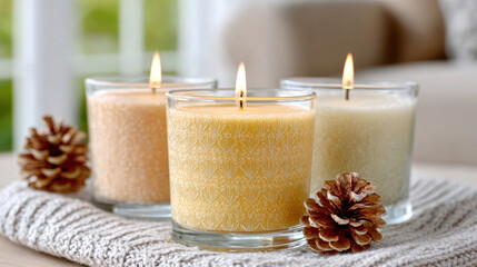 Three lit candles in glass holders with pine cones on cozy blanket in living room setting