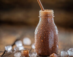Cold chocolate drink in a bottle, ice around it