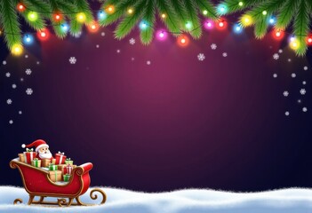 Merry Christmas and Happy New Year purple background with Santa's sleigh with Christmas gift boxes and fir branches with glowing garland. Template for card or greeting poster with space for text