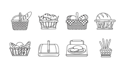 Collection of eight different picnic basket and food silhouette illustrations