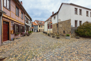 Typical half timbered houses on the Munzenberg, a remarkable old quarter of Quedlinburg