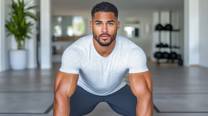 Fit man wearing t shirt and workout pants performing core exercise home gym with determined