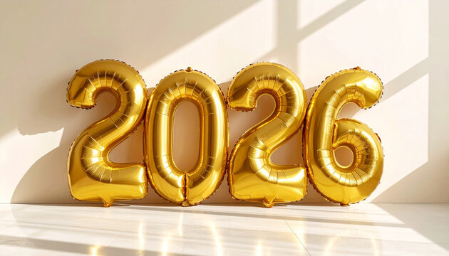 2026 golden balloons numbers new year beginning milestone opportunity prosperity anticipation transition resolution invitation countdown midnight bright room with sunlight creating hopeful festive
