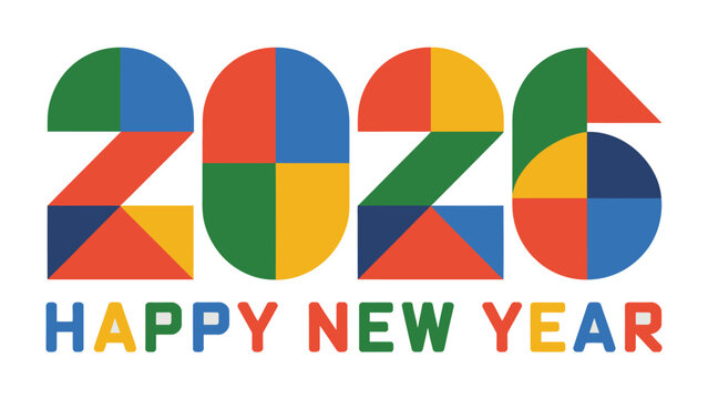 Colorful 2026 New Year Greeting: Celebrate the fresh start of a new year with a vibrant and playful graphic featuring the year 2026, accompanied by the joyful message Happy New Year.
