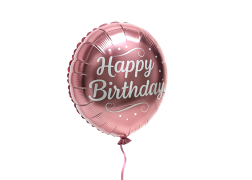 Rose gold foil balloon with happy birthday text and ribbon, ideal for celebration decor and greeting invitations