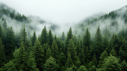 Fototapeta premium Foggy evergreen forest ridge with layered silhouettes and moody misty atmosphere