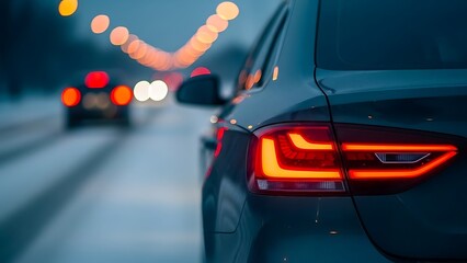 Car tail light on snowy road with blurred city lights at night