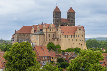 View from the Munzenberg over Quedlinburg with the castle hill, the castle and the Collegiate Church