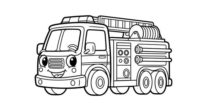 Cheerful cartoon fire truck outline for kids' coloring activity