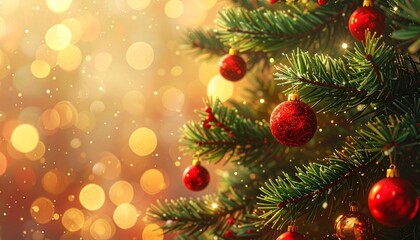 Winter Christmas Background: Evergreen Branches Dusted with Snow, Red Ornaments, and Bright Festive Bokeh.