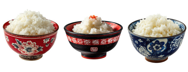 a ceramic bowl filled with cooked white rice isolated on transparent background