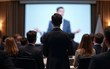 Business Conference with Focused Speaker - A business conference where the speaker is in focus and the audience is blurred. High quality