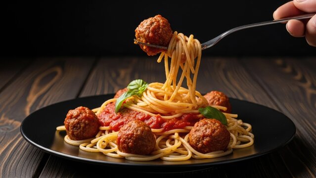 Delicious spaghetti and meatballs with tomato sauce, garnished with fresh basil, served on a dark plate