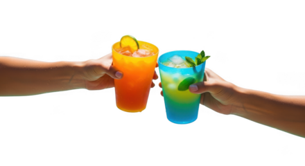 Cheers to summer two colorful cocktails held by hands against a celebration
