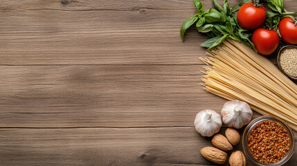 Naklejka premium Fresh pasta ingredients on wooden table evoke wholesome cooking mood