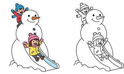 Happy kids playing on giant snowman slide vector illustration Children having fun in winter Coloring page outline and colored version isolated on white background.