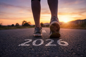 Obraz premium Runner stepping forward on an open road at sunrise with 2026 painted on asphalt, fitness motivation and new year goal setting for training, progress and personal growth