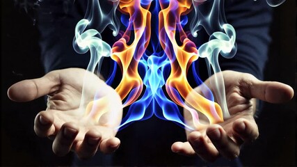 Male hands holding glowing magical fire and colored smoke, fantasy energy, dark background. - Powered by Adobe