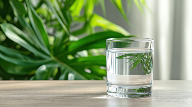 Fresh clear glass of water with green leaf reflection offering calm hydration