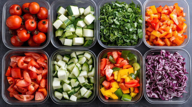 Chopped tomato cucumber parsley bell pepper purple cabbage prep for meal prep colorful fresh - Powered by Adobe