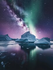 Icebergs under Milky Way and Aurora