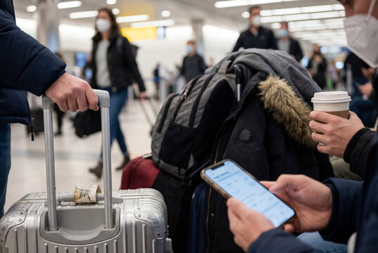 Travelers checking flight details on smartphone while waiting with luggage in busy airport terminal, winter coats and face masks highlight safety, scheduling and modern commuting