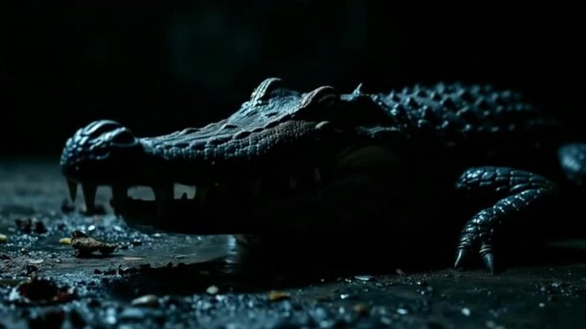 Scaled reptile with mouth agape sharp teeth textured floor low light