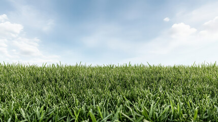 Obraz premium Fresh green meadow under bright blue sky with soft clouds, peaceful natural scene