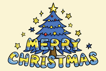 Whimsical Blue and Yellow Merry Christmas Text Over Christmas Tree, Surrounded by Floating Stars, Vector Illustration for Children's Media