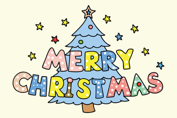 Playful Polka-Dot Merry Christmas Typography Over Light Blue Tree, Surrounded by Multi-Color Stars, Vector Illustration for Greeting Card