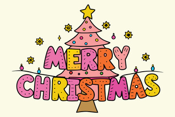 Vibrant Pink and Orange Merry Christmas Typography with Decorated Tree, Set Against Warm Pastel Background, Cute Vector Art