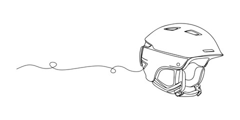 Continuous one line of a ski helmet with protective details, representing winter safety gear, winter sports theme, hand drawn vector illustration.