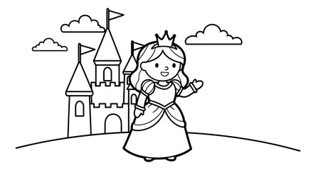 Naklejka premium Cute princess and castle in a simple black and white outline drawing for kids