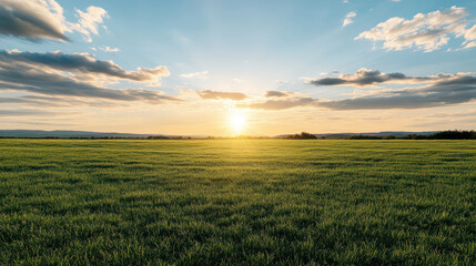 Obraz premium Sunrise field horizon green grass peaceful light