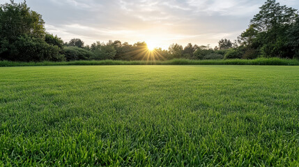 Obraz premium Sunrise over freshly mowed green lawn with warm glowing sky and peaceful atmosphere