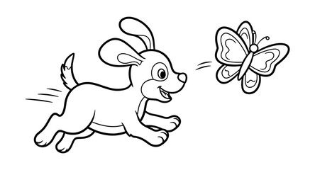 Playful puppy chasing butterfly in black and white cartoon style