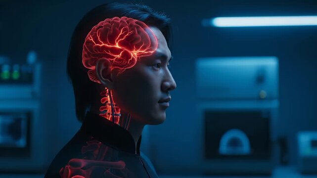 Profile human with glowing brain overlay. Red neural network highlights neuron and brain anatomy. Medical scan concept merges neuroscience and ai technology. Man gazes forward in clinical research - Powered by Adobe