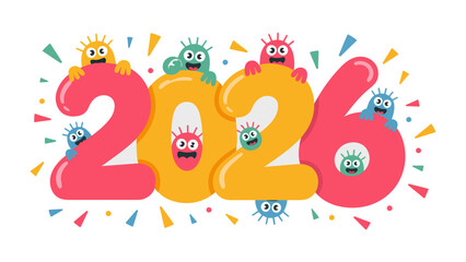 A Playful Outlook for 2026: An illustrated depiction of the year 2026, where vibrant and colorful characters surround the digits, evoking a sense of joy, anticipation, and youthful energy. 