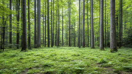 Obraz premium Fresh spring forest with new leaves bright and clean serene green woodland clearing