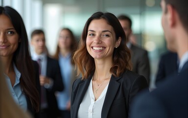 Business conference networking session. A women smiles at a conference. Group of diverse business people in background. Successful business people concept. High quality