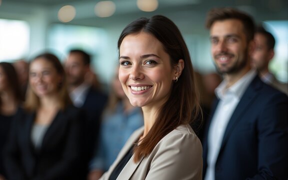 Business conference networking session. A women smiles at a conference. Group of diverse business people in background. Successful business people concept. High quality