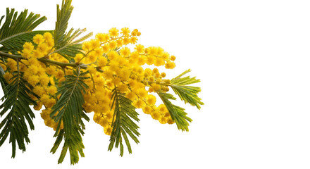 Vibrant yellow mimosa flowers bloom brightly against a with green foliage